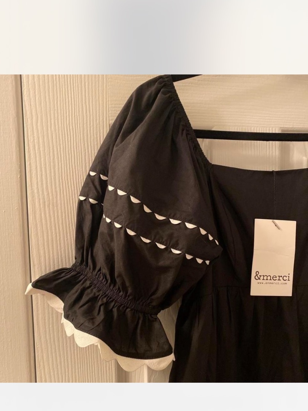 &merci Black Puff Sleeve Tiered Mini Dress with White Trim - Picture 6 of 8